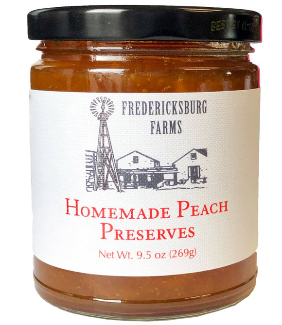Single 9.5 oz jar of homemade peach preserves by Fredericksburg Farms
