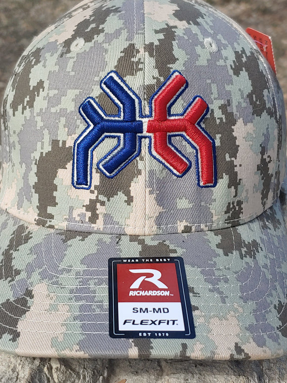 Knuckle up Army Camo hat red white and blue logo embroidered on crown of hat