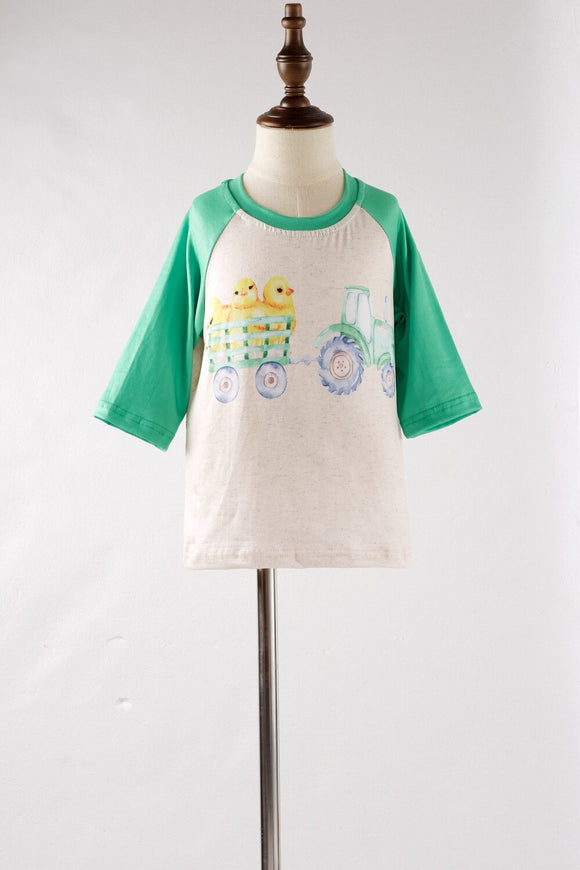 Raglan sleeved t-shirt for kids green sleeves with tractor and chicks on the chest