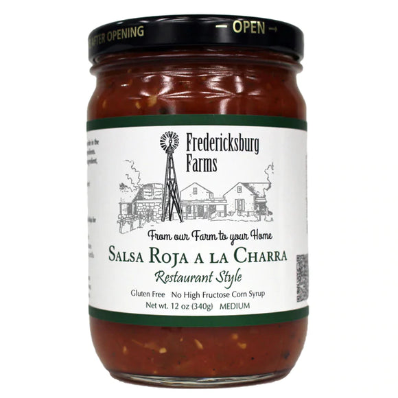 Red tomato based salsa. Charred tomatoes. Medium heat. Produced by Fredericksburg Farms.