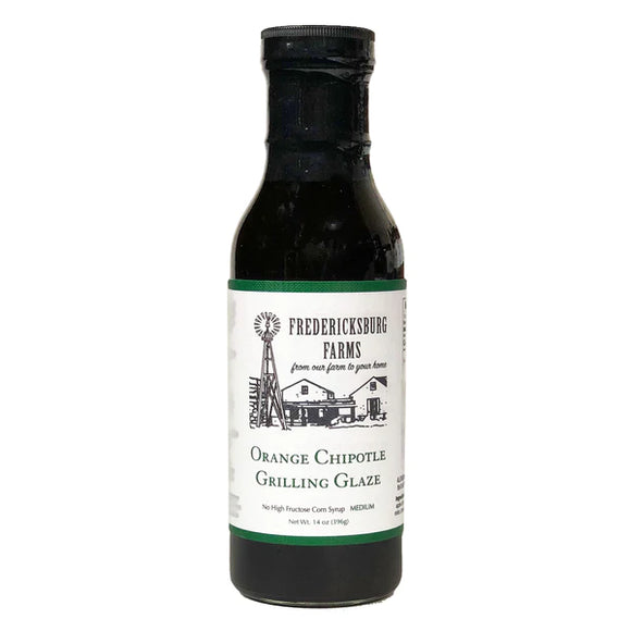 Orange Chipotle grilling glaze in a 14 oz bottle. Crafted locally by Fredericksburg Farms.