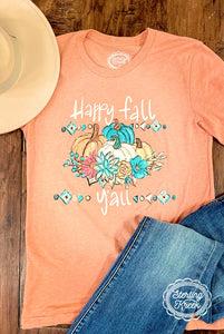 Happy Fall Y'all tshirt for women by sterling kreek model in a large