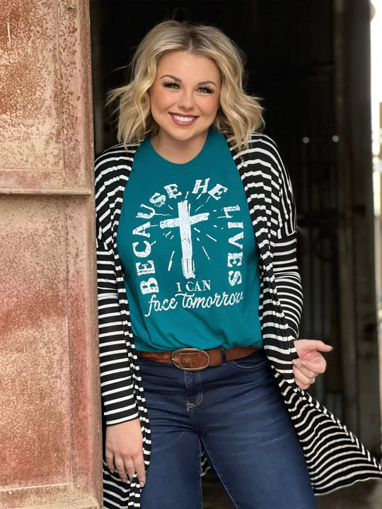 Because He Lives t-shirt by Texas true Threads Teal color