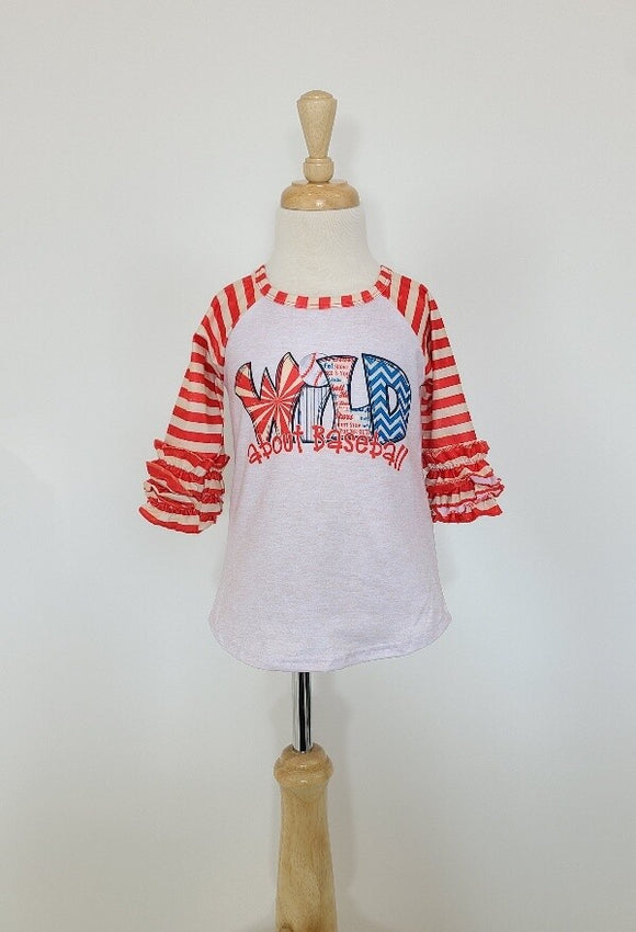 Wild about baseball raglan 3/4 length sleeve toddler shirt Red, white, and blue. Ruffled sleeves