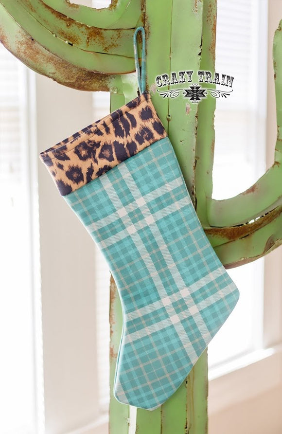 Leopard and turquoise plaid holiday stocking