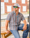 Men's short-sleeved vertical striped hybrid shirt. Button up front view 2