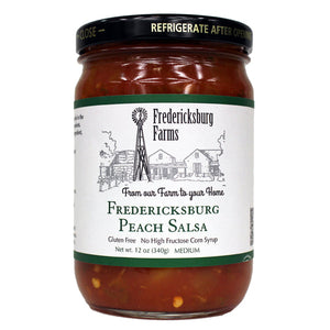 Fredericksburg Farms Paech Salsa. Made with Fredericksburg peaches. 12 oz jar.
