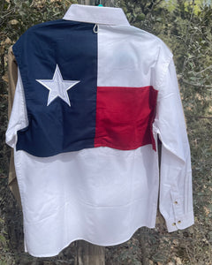 Front view of Tiger Hill long sleeved vented back youth fishing shirt with Texas flag on back vent - White