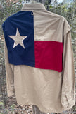 Back view of the Tiger Hill Men's long sleeved Texas flag shirt - Khaki