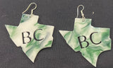 Texas-shaped green marble acrylic earrings with the BC for Bracken Christian schools