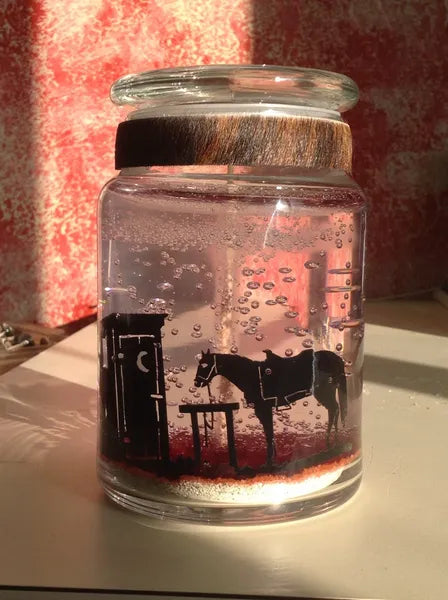 Fun outhouse with horse waiting gel candle by branding stove
