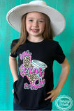Girl in a cowboy hat wearing the Sterling Kreek black little texas tornado t-shirt 3