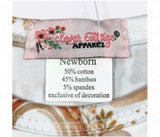 Clothing label with brand name and fabric composition details on a white background