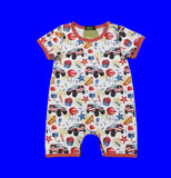 Baby romper with colorful car and star pattern on a white background
