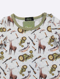 Children's shirt with hunting-themed pattern featuring deer, guns, and fish on a white background.