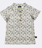 Short-sleeve shirt with bird pattern on a white background