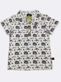 Short-sleeve shirt with black and white pattern on a white background. Noah Ark with the Cross on the hill