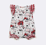 Baby romper with farm animal pattern. Enjoy the animal farm with the Red Barn and tractor.
