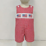 Red and white checkered romper with American flag design 