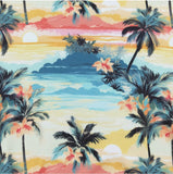 Tropical scene with palm trees and flowers at sunset.