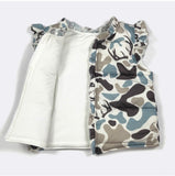 A sleeveless puffer vest with a camouflage pattern on the exterior and a white fleece lining, shown open against a light gray background.