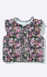 A sleeveless quilted puffer vest with a pink and green camouflage pattern, featuring a ruffled collar, laid flat on a light gray background.