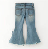 Light blue denim flare jeans shown from the back, featuring a frayed hem and distressed details, laid flat against a white background.