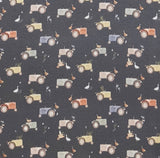 Pattern of tractor and birds on a dark blue background