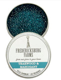 Fredericksburg Farms air freshener tin with teal beads and label on a white background