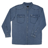 Blue denim shirt with two front pockets on a white background