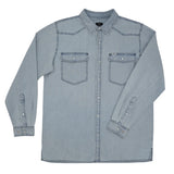 Light blue denim shirt with two front pockets on a white background