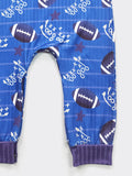 CLOVER COTTAGE - GRIDIRON FOOTBALL ROMPER - CLOSE UP LEG WITH FOOTBALL AND XOXO - https://tammysoutfitters.com/collections/clover-cottage