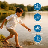Child playing by a lake with icons indicating breathable, lightweight, sun protection, and cool dry fabric features.
