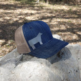 Trucker hat by Diamond Bills with Beefmaster metal cutout on crown Denim/Tan Velcro Back