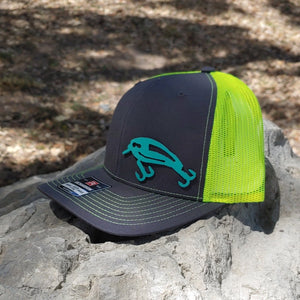 Diamond Bill trucker style hat with fishing lure on crown Grey/Neon Ylw