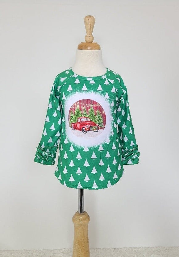 Green and White child's holiday t-shirt with a vintage red truck and trees on front.