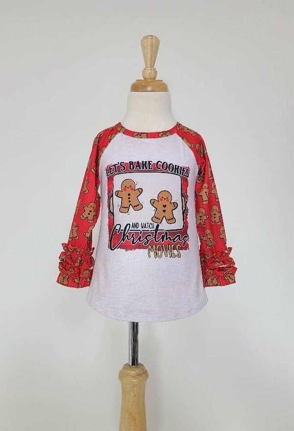 Holiday cookie shirt with raglan sleeves and gingerbread cookies
