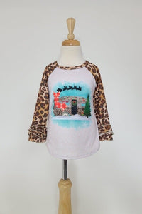 Holiday camper tshirt for kids with leopard print raglan sleeves