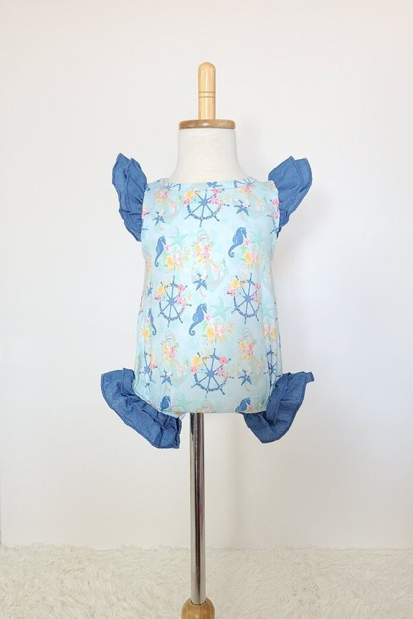 Toddler romper with ruffled arm and leg openings with seahorses and ship wheels light blue