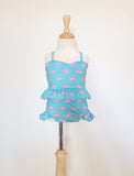 Teal and pink flamingo 2-piece kids swimsuit 2