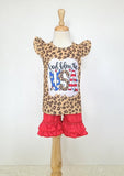 Girls short set with leopard print top God Bless the USA and bright red ruffled shorts created by Clover Cottage front view