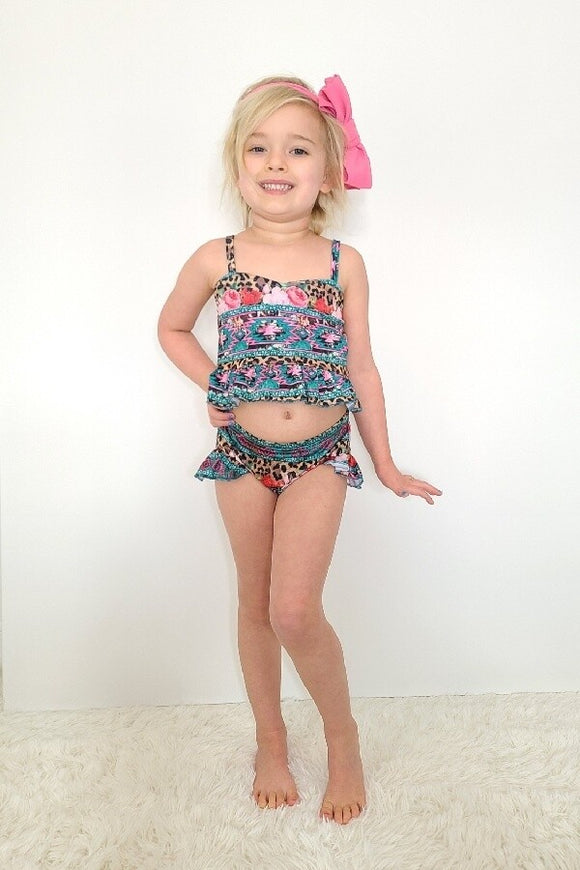 Swimsuit for girls. 2 piece with flowers, Aztec and leopard print.