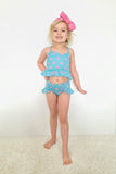 Teal and pink flamingo 2-piece kids swimsuit