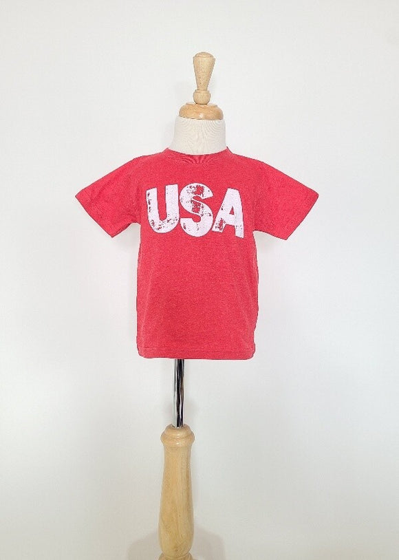 Kids t-shirt in red with distressed white USA on chest