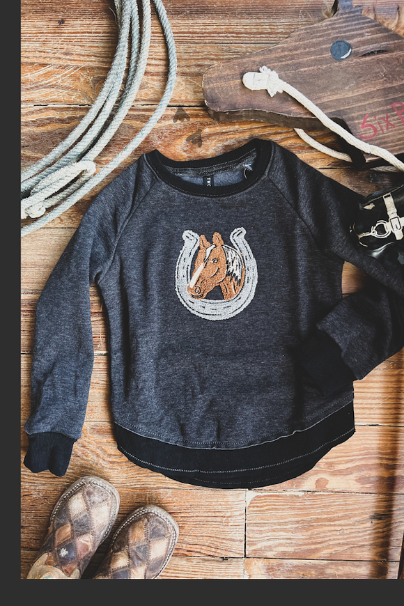 Dark grey and black toddler long sleeved t-shirt with punch applique horse and horseshoe on front
