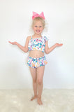 White background swimsuit with mermaids and sealife by Clover Cottage view 2
