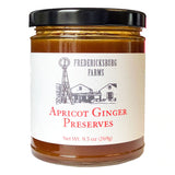 Locally made preserves by Fredericksburg Farms. 9.5 oz jar of Apricot Ginger preserves