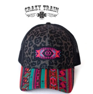 Front view of the Crazy Train Azteca Queen ballcap Leopard and Aztec print