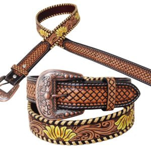 Sunflower painted hand-tooled and stamped belt with bronze buckle by Rafter T Ranch