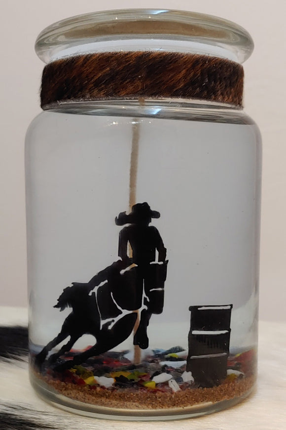 Large gel candle with barrel racer cutout
